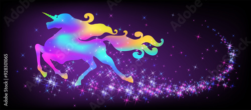 Galloping iridescent unicorn with luxurious winding mane against the background of the fantasy universe with sparkling stars.