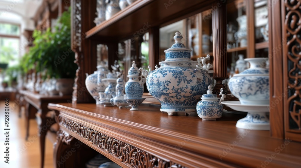 An elaborate chinoiserie bookshelf features intricate carvings and is highlighted by delicate porcelain figurines. An elaborate chinoiserie bookshelf features intricate carvings and is highlighted by delicate porcelain figurines.