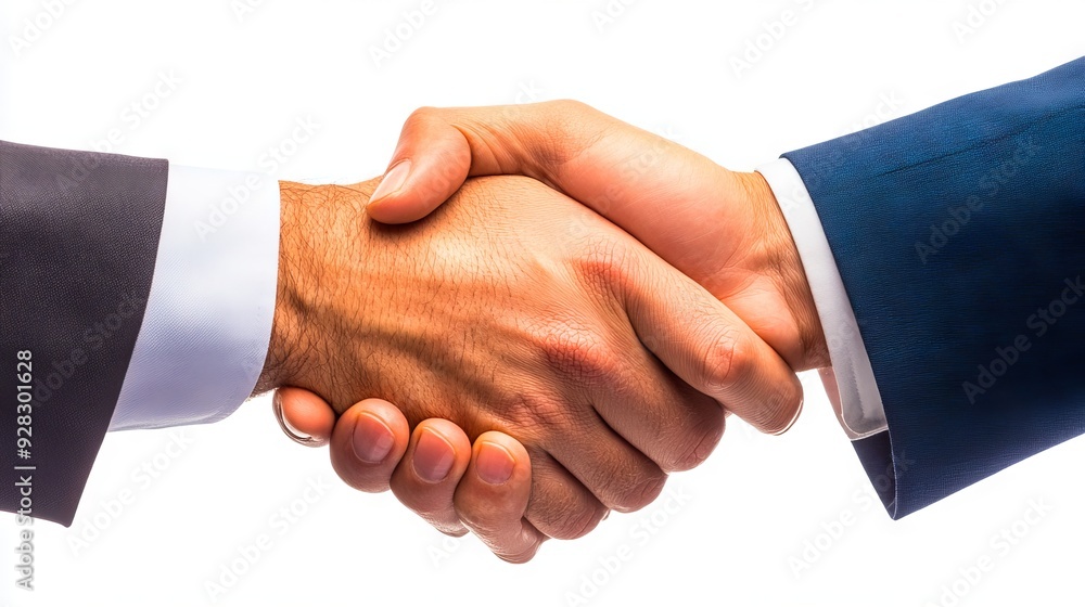 Obraz premium Two men shaking hands in front of a white background