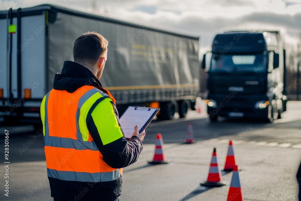 A man in a protective vest with a notebook checks a truck with a trailer reversing A man in a protective vest with a notebook checks a truck with a trailer reversing