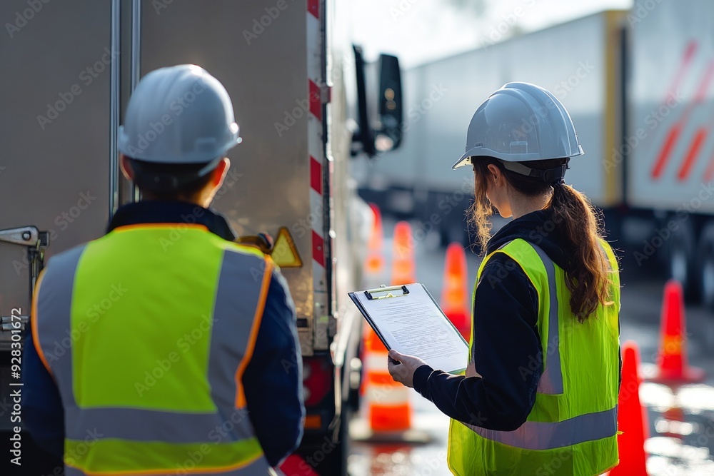 Obraz premium A man in a protective vest with a notebook checks a truck with a trailer reversing
