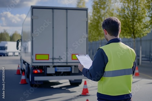A man in a protective vest with a notebook checks a truck with a trailer reversing