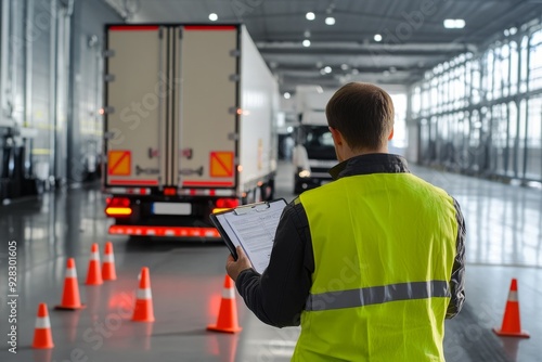 A man in a protective vest with a notebook checks a truck with a trailer reversing