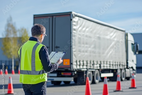 A man in a protective vest with a notebook checks a truck with a trailer reversing