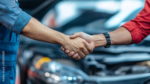  The mechanic shaking hands with customer after finish checking the opened hood car