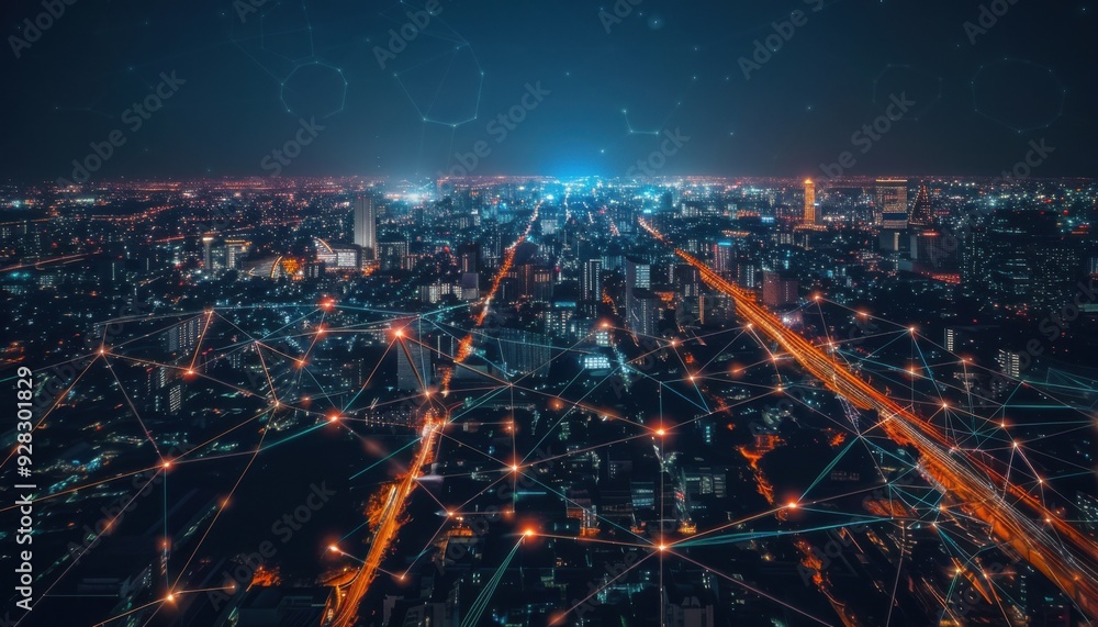 Fototapeta premium Night City with Digital Network Overlays.