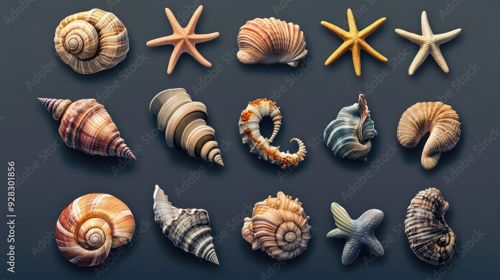 A detailed 3D icon set showcasing various marine creatures, including shells, snails, starfish, and sea horses, perfect for ocean-themed designs. A detailed 3D icon set showcasing various marine creatures, including shells, snails, starfish, and sea horses, perfect for ocean-themed designs.