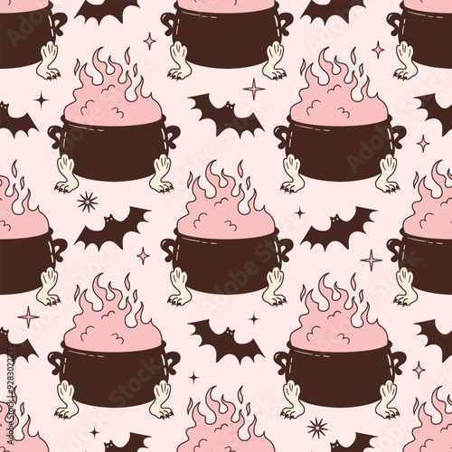 Seamless vector pattern with bats and witch cauldron on animal paws. Cooking pot with boiling brew on pink background. Halloween magic potion texture. Witchcraft wallpaper, wrapping paper, textile