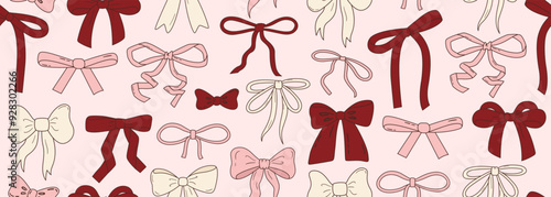 Seamless vector banner with cute coquette bows. Background with trendy red, pink and white ribbons. Pattern with silk tape accessories. Girly texture for wallpaper, wrapping paper, textile design