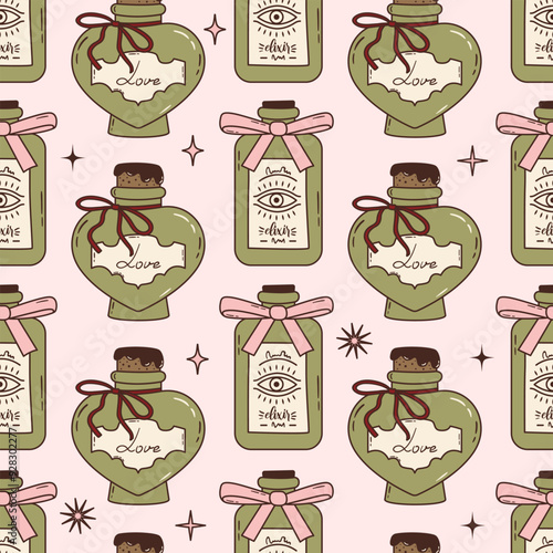 Seamless vector pattern with cute glass potion bottles. Coquette style magic love elixirs with bows and ribbons on pink background. Witchcraft and alchemy wallpaper, wrapping paper, textile