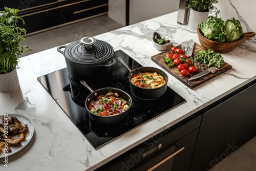 Stylish kitchen with black induction cooker and white marble countertops, with pots with delicious food on the stove