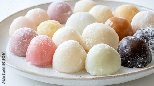 A pristine white plate filled with assorted mochi ice cream, displayed against a white background, showcasing the simplicity and elegance of Japanese desserts.