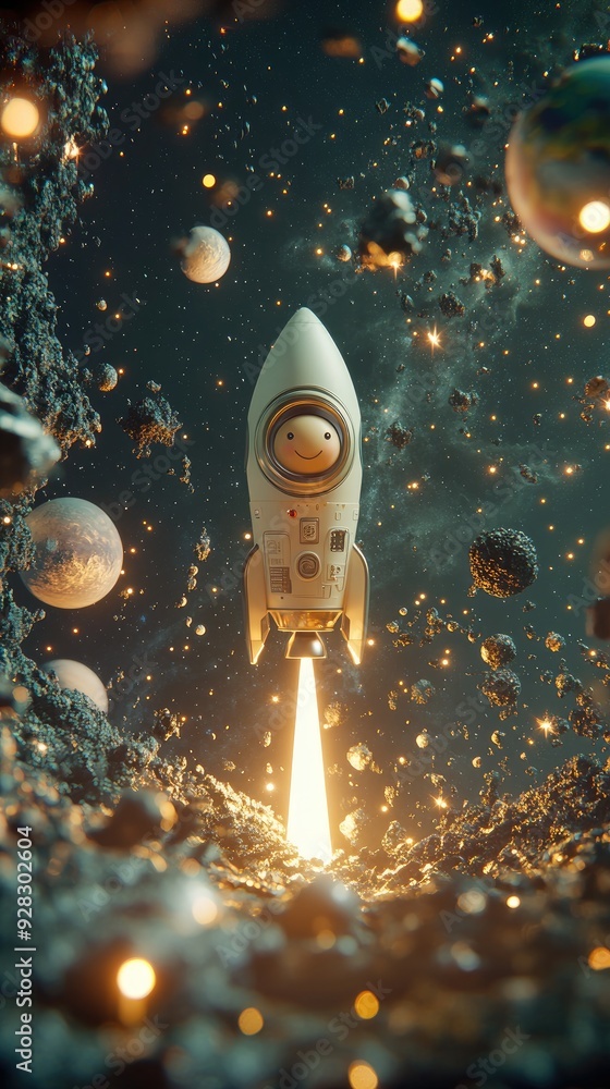 A cartoon rocket with a smiling face blasts off into space leaving a trail of light as it speeds past asteroids and planets. A cartoon rocket with a smiling face blasts off into space leaving a trail of light as it speeds past asteroids and planets.