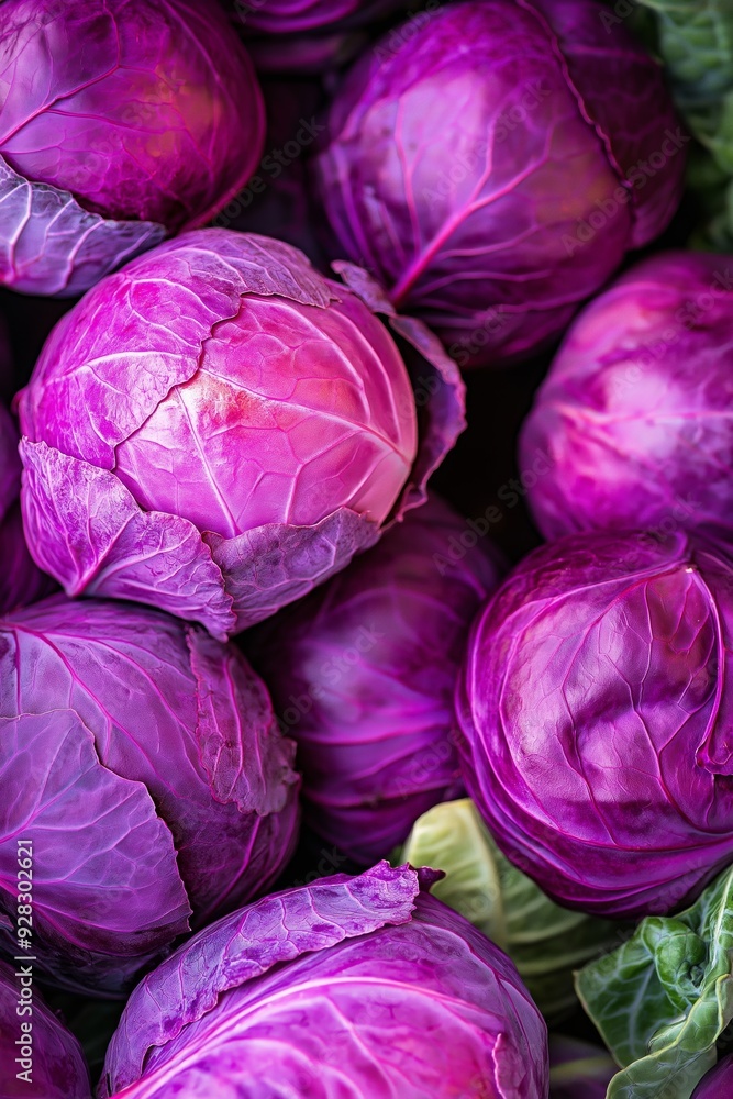 A bunch of purple cabbage with a green leaf. The cabbage is fresh and ready to be eaten A bunch of purple cabbage with a green leaf. The cabbage is fresh and ready to be eaten