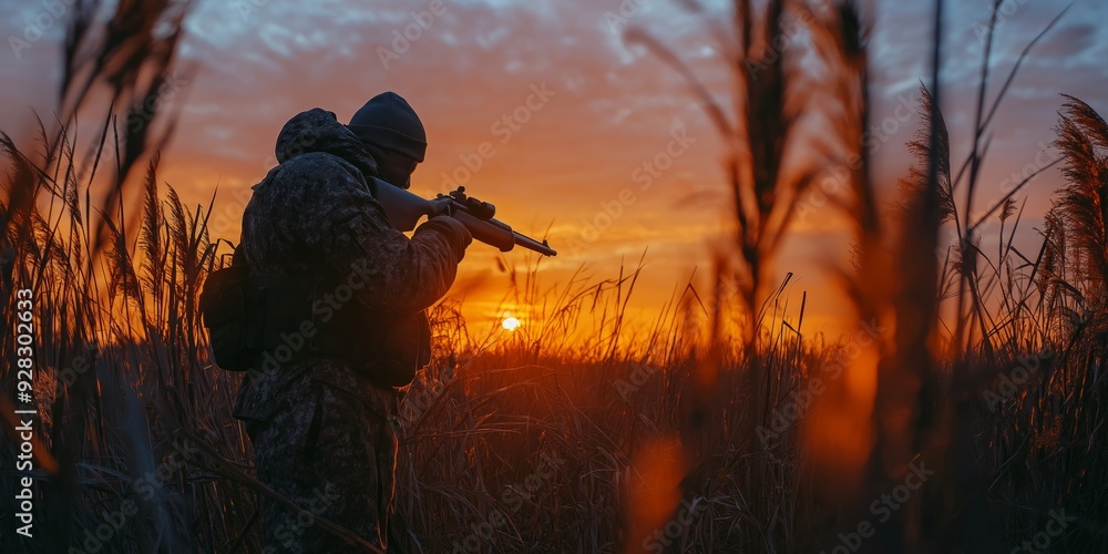 A man in camouflage is holding a rifle and looking at the sun. The sun is setting, casting a warm glow over the field. The man is focused on his task, possibly hunting or preparing for a mission A man in camouflage is holding a rifle and looking at the sun. The sun is setting, casting a warm glow over the field. The man is focused on his task, possibly hunting or preparing for a mission
