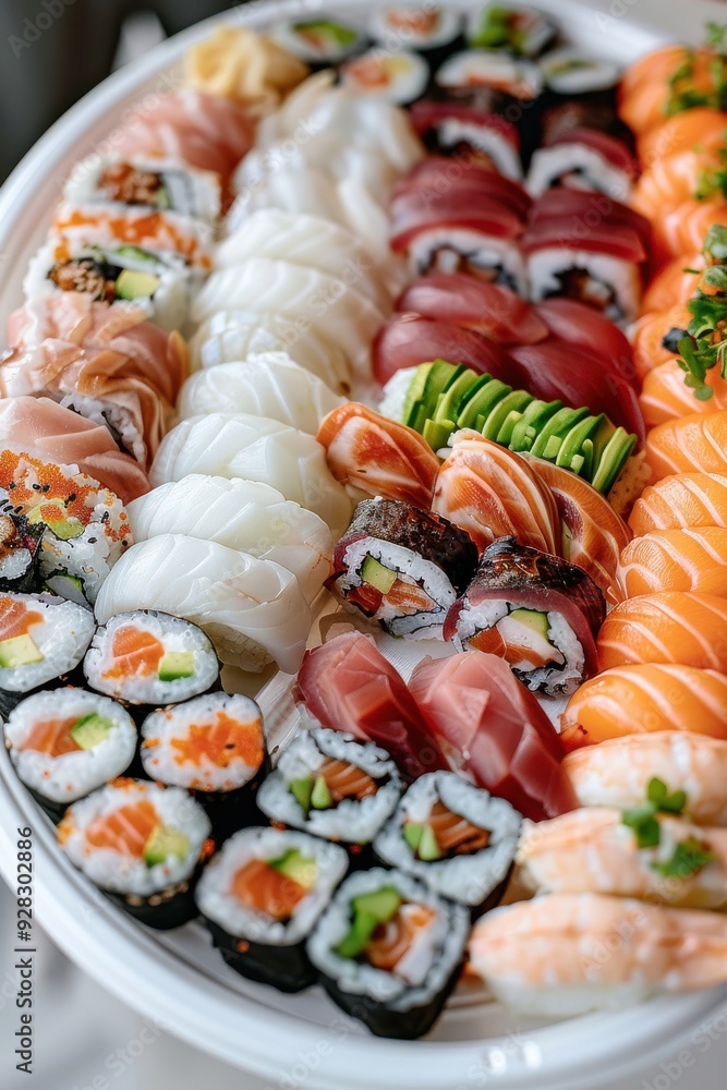 Exquisite Sushi Platter Presentation with Copy Space, Focus on Fresh Food Exquisite Sushi Platter Presentation with Copy Space, Focus on Fresh Food