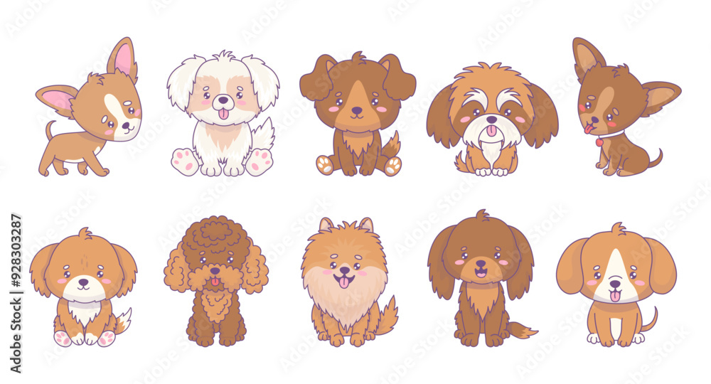 Cute dogs of different breeds collection. Funny pet of chihuachua, mongrel, spitz, poodle, pinscher, Shih Tzu. Isolated cartoon kawaii animal. Vector illustration. Kids collection Cute dogs of different breeds collection. Funny pet of chihuachua, mongrel, spitz, poodle, pinscher, Shih Tzu. Isolated cartoon kawaii animal. Vector illustration. Kids collection