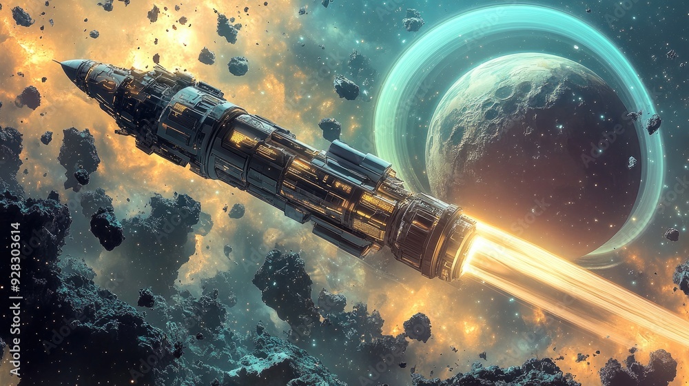 Naklejka premium A futuristic spaceship streaks through a field of asteroids towards a distant planet with a green ring.