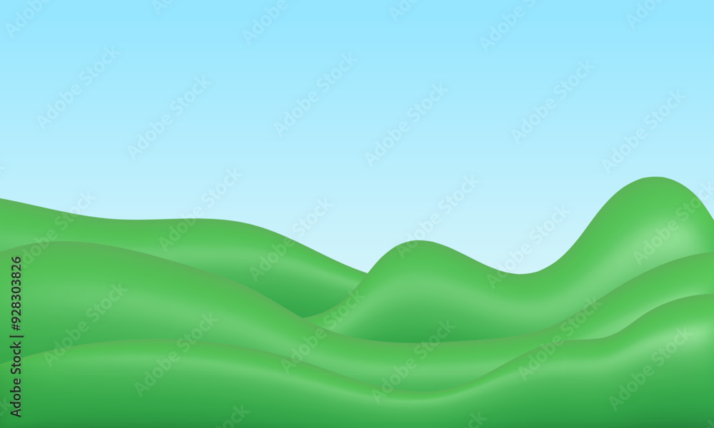Fototapeta premium 3d plastic green hills landscape template. Summer field minimal nature composition with blue sky