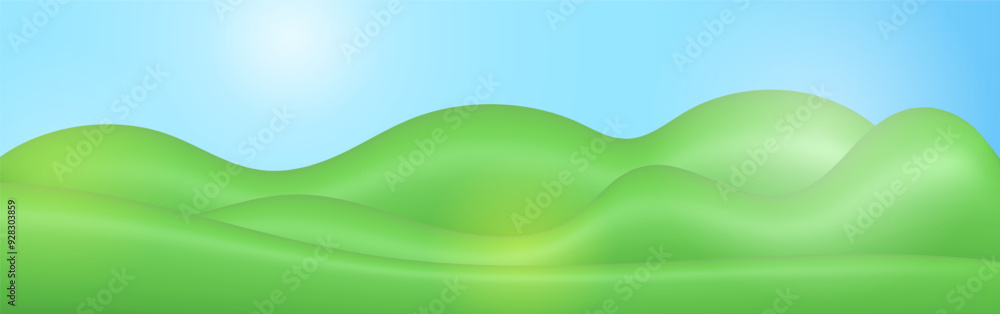 Trendy plastic 3d landscape. Green wide background with summer field, blue sky and sunny glare Trendy plastic 3d landscape. Green wide background with summer field, blue sky and sunny glare
