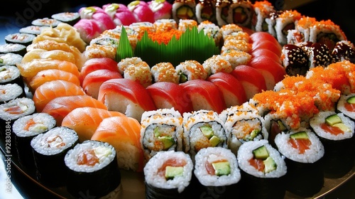 Various types of sushi, from rolls to nigiri, are artfully arranged in a circle, highlighting the rich colors and textures of Japanese cuisine.