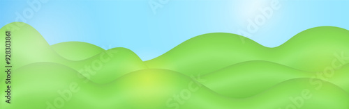 Trendy plastic 3d landscape. Green wide background with summer field, blue sky and sunny glare