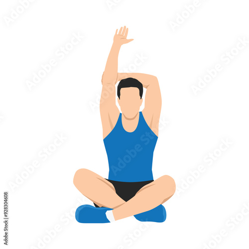 Man doing stretching raised arm. Stretches his arms while sitting in lotus pose. Flat vector illustration isolated on white background