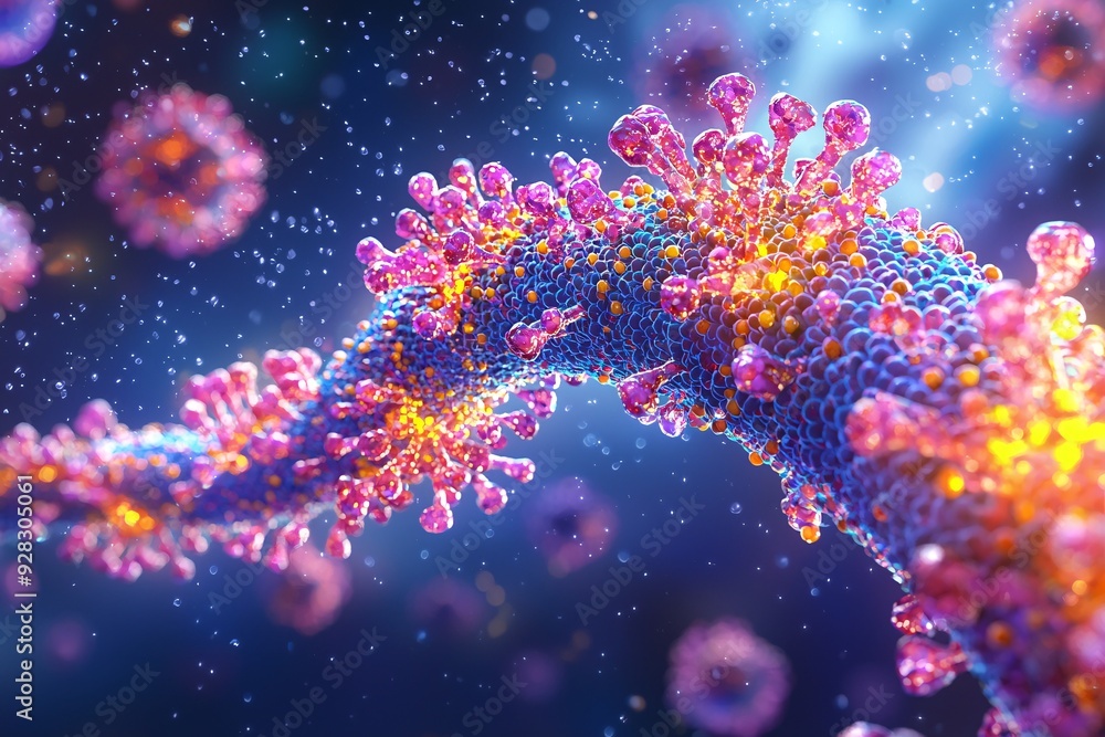 A virus with a double-stranded DNA structure that leads to skin lesions and shingles, managed through vaccination, depicted in a 3D medical illustration. A virus with a double-stranded DNA structure that leads to skin lesions and shingles, managed through vaccination, depicted in a 3D medical illustration.