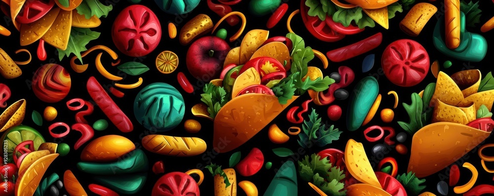 Fototapeta premium Colorful seamless pattern with various food elements like tacos, tomatoes, peppers, and more.