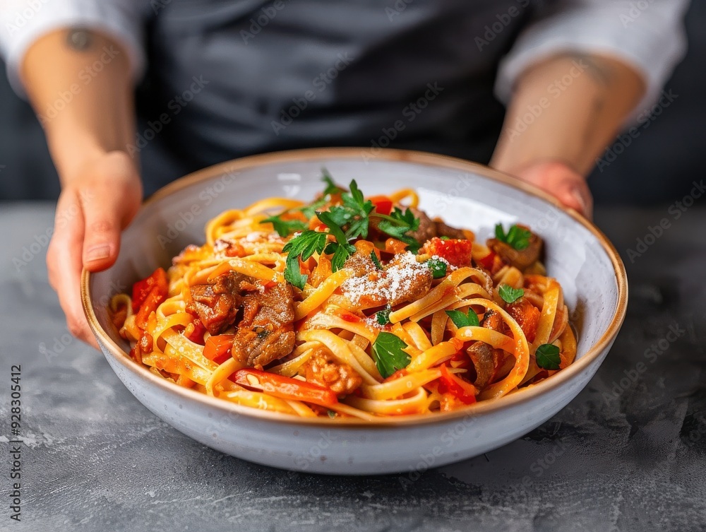 Chef Serving Vibrant Gourmet Pasta Dish with Copy Space, Deep Depth of Field Chef Serving Vibrant Gourmet Pasta Dish with Copy Space, Deep Depth of Field