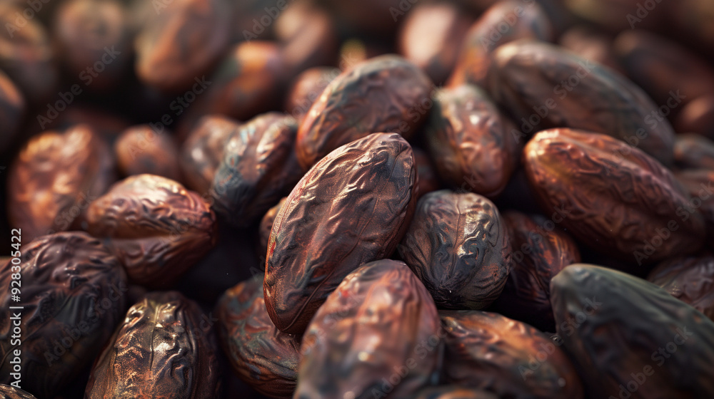 Large cocoa beans in close-up, showcasing the texture and colors of each bean's surface Large cocoa beans in close-up, showcasing the texture and colors of each bean's surface