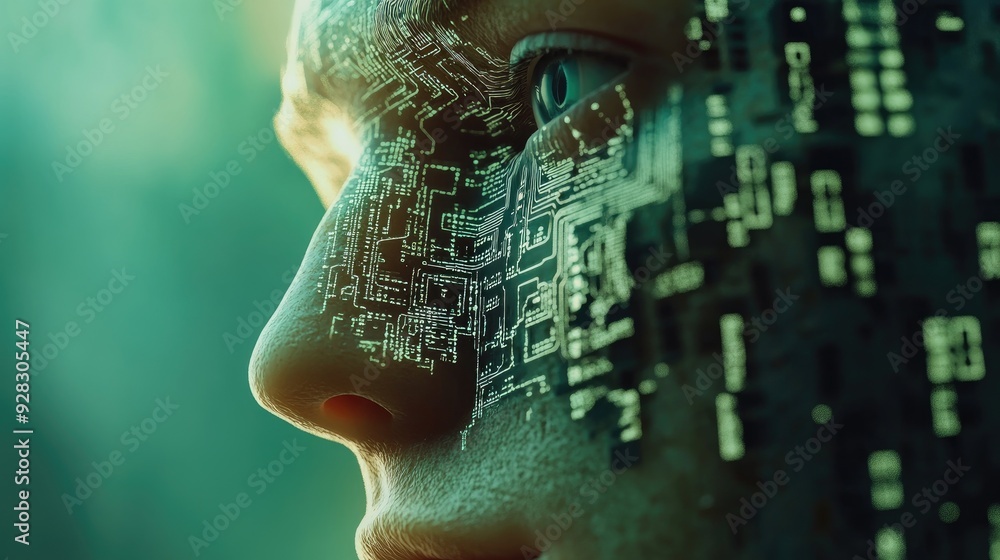 Close-up of a human eye with digital circuitry overlay, suggestive of artificial intelligence or a futuristic cyborg. Close-up of a human eye with digital circuitry overlay, suggestive of artificial intelligence or a futuristic cyborg.