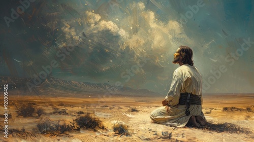 Jesus in wilderness, kneeling in prayer, vast sky, 40 days fasting.