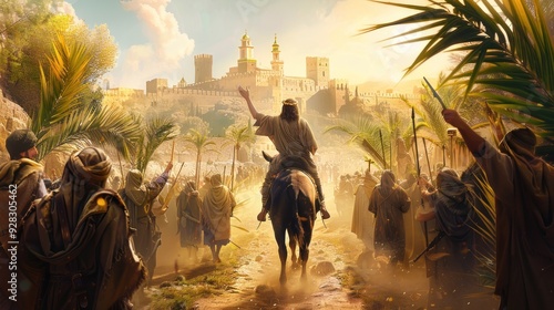 Jesus riding donkey into Jerusalem, crowds waving palm branches, celebration.