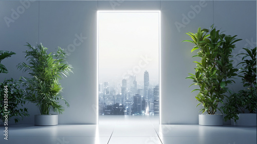 white glow transparent matt wall with one big plastic white clean open door, futuristic city view behind the door, future plants, technology light 