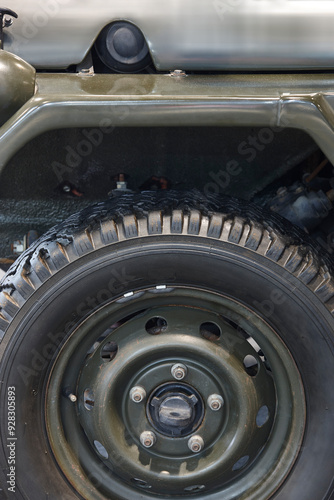 Car tyre detail. Vehicle part. Four wheel drive