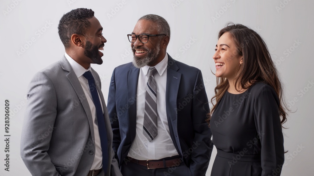 Two businessmen and a businesswoman standing in a circle, laughing, talking, full-body, white background. Two businessmen and a businesswoman standing in a circle, laughing, talking, full-body, white background.