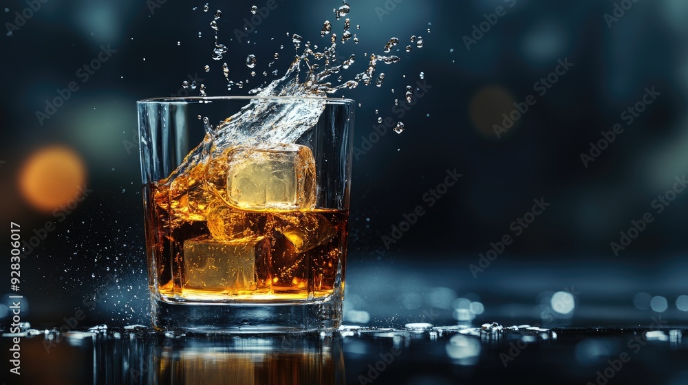 Whiskey splashing in tumbler with ice cubes on dark background Whiskey splashing in tumbler with ice cubes on dark background