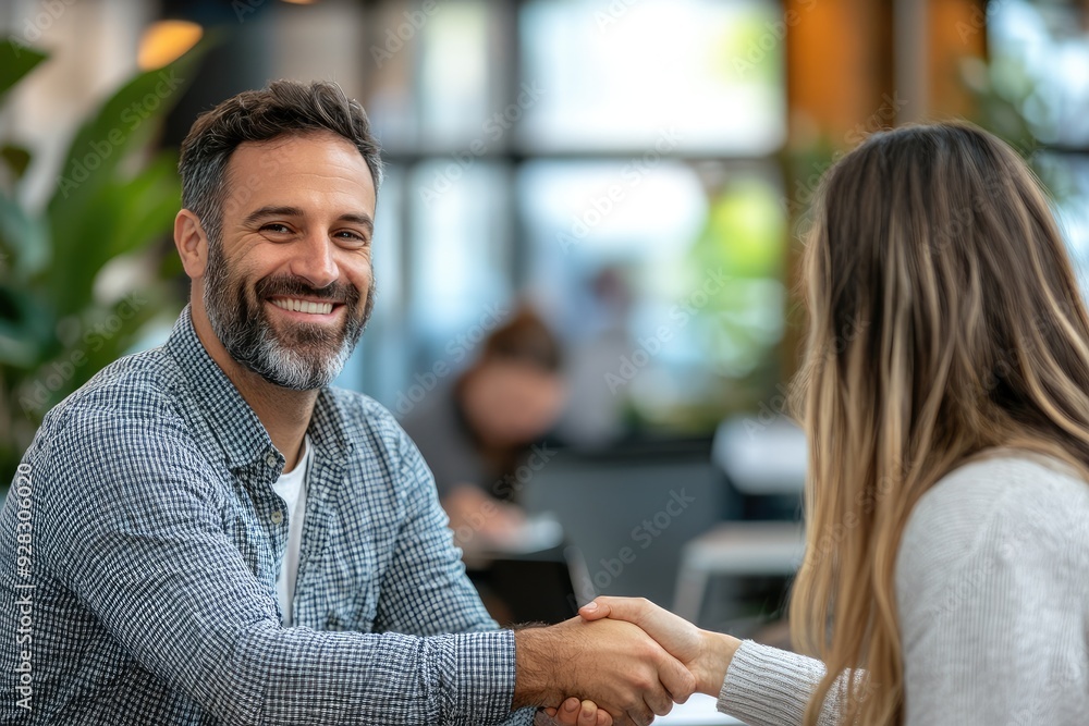 Happy businessman shaking hands with a client in a coworking space Happy businessman shaking hands with a client in a coworking space