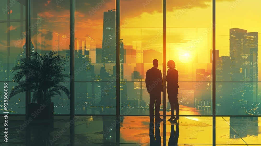 Two businesspeople standing outside, high-rise building, relaxed discussion, urban skyline. Two businesspeople standing outside, high-rise building, relaxed discussion, urban skyline.