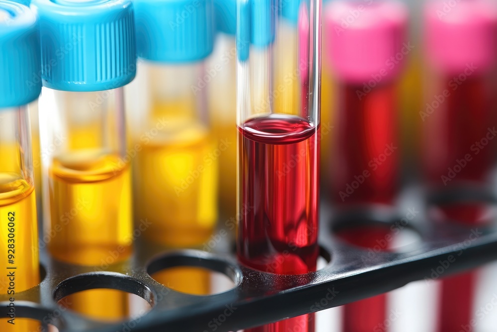 Scientist analyzing test tube with red liquid for medical research Scientist analyzing test tube with red liquid for medical research