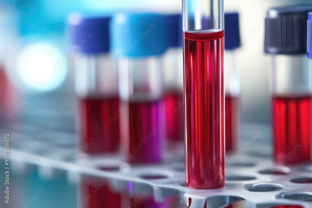 Scientist analyzing test tube with red liquid for medical research Scientist analyzing test tube with red liquid for medical research
