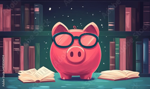 Piggy Bank Reading Books in a Library