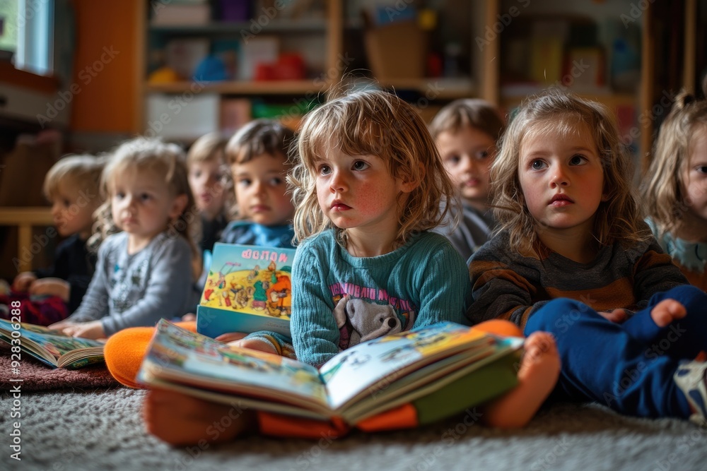 Group of children sitting on the floor and listening to the teacher reading a book Group of children sitting on the floor and listening to the teacher reading a book