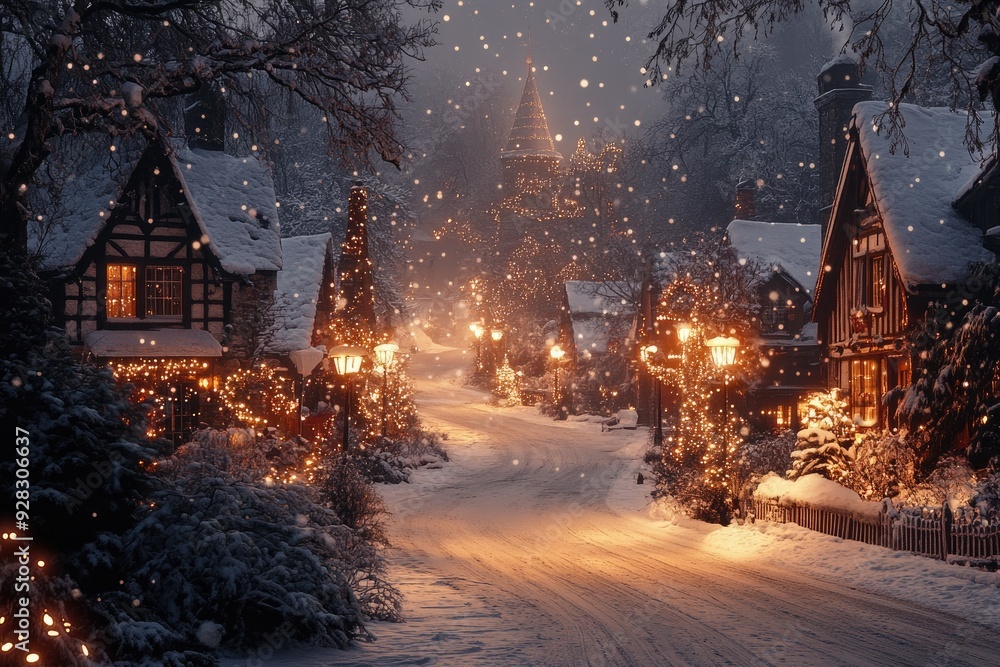 Snow falling on quaint village street decorated for christmas at night Snow falling on quaint village street decorated for christmas at night