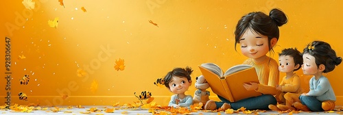 Enchanting Storytime: Teacher Reading to Children with Copy Space in Vibrant Background