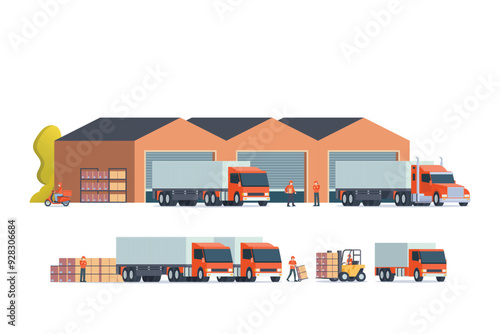 Modern flat Illustration of warehouse building, factory storage. truck and container. Warehouse Management, Logistic Management. vector illustration