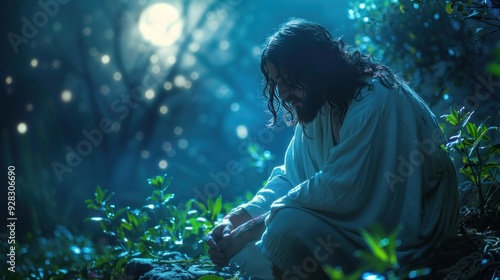 Jesus praying in Gethsemane, deep contemplation, moonlit garden.