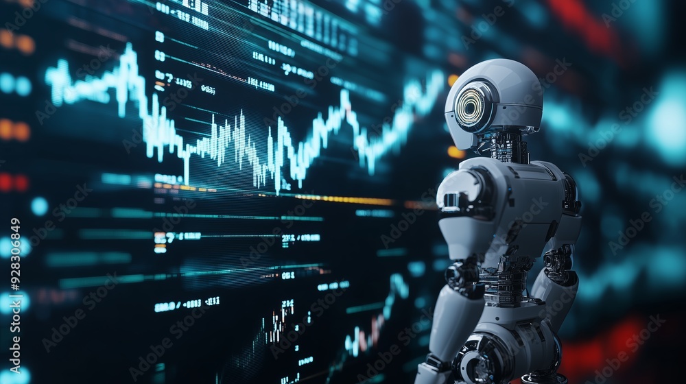 A robot analyzing financial data in a digital environment A robot analyzing financial data in a digital environment