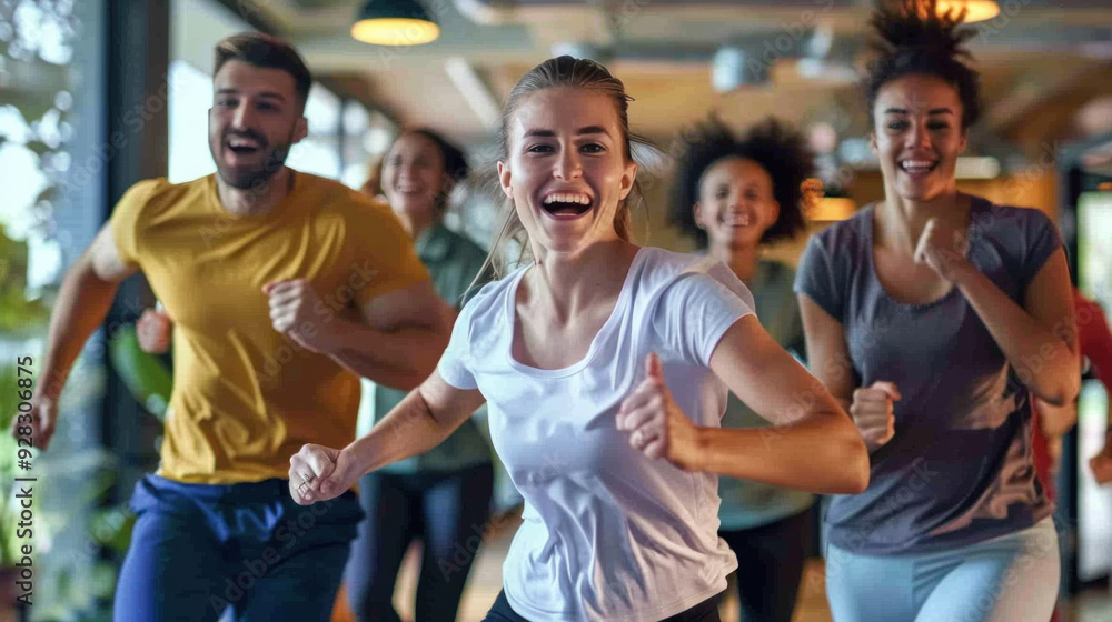A group of smiling office workers are exercising for health during their break from work. A group of smiling office workers are exercising for health during their break from work.